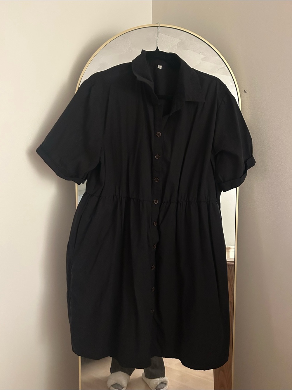 Black Button-Front Short Sleeve Collared Dress